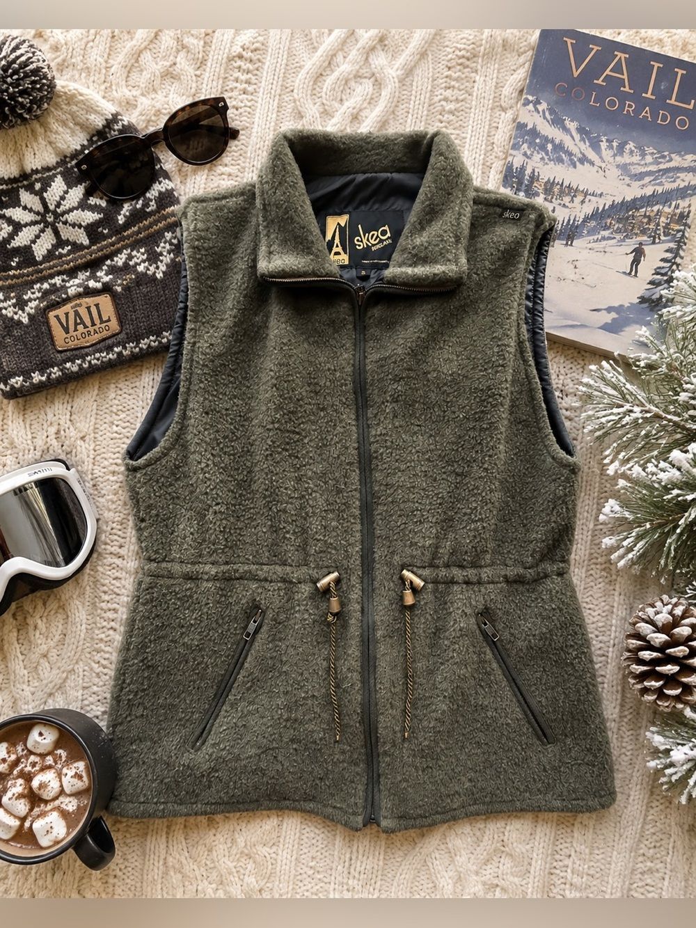 Skea Paris Vail 100% Wool Fleece Vest Olive Green Zip Front Ski Size S